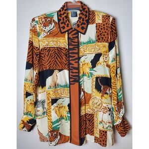 FLAW Vintage 90's Silk Animal Print Button Blouse Jungle Beaded Eclectic Grandma